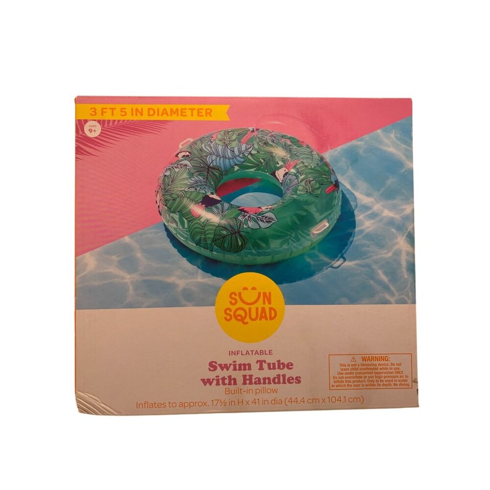 Sun Squad Inflatable Swim Tube With Handles 41" Diameter Built-In Pillow Tropica